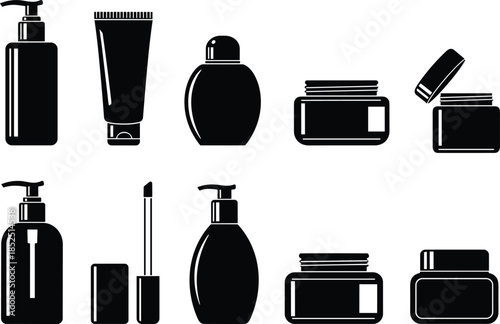 Cosmetic packaging silhouette set, skincare beauty product icons, lotion bottle jar tube collection, minimal black white design