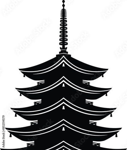 Japanese pagoda silhouette illustration, traditional temple architecture, asian cultural landmark design, zen spirituality concept, minimal black white artwork