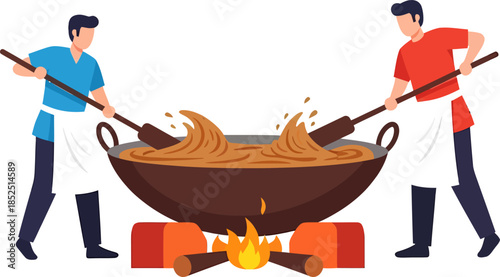 Two Men Cooking with Large Wok.