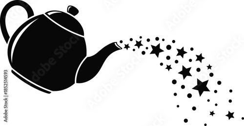 Magic teapot silhouette, pouring stars illustration, fantasy tea concept, whimsical kitchen art, black white design, creative imagination graphic