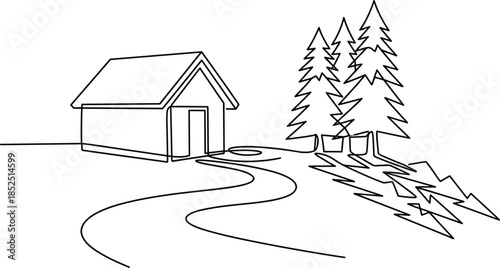 Minimal house line art, countryside cabin illustration, forest landscape drawing, rural home outline, simple nature scene, black white sketch