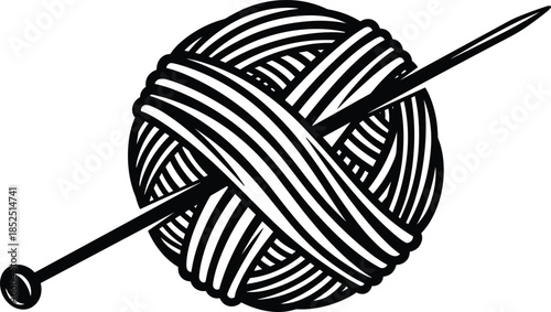 Yarn ball silhouette illustration, knitting needle craft symbol, handmade textile hobby concept, knitting crochet design, black white graphic