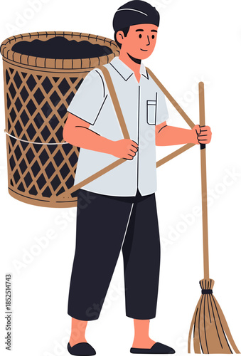 Man holding broom and basket.
