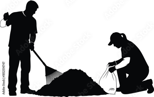 Yard cleaning silhouette, people raking leaves illustration, outdoor teamwork activity, garden maintenance concept, autumn cleanup scene, black white design