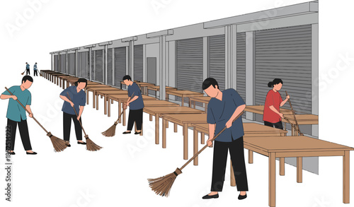 Group of People Sweeping Tables with Brooms.