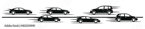 Black and white illustration of cars in motion with motion blur