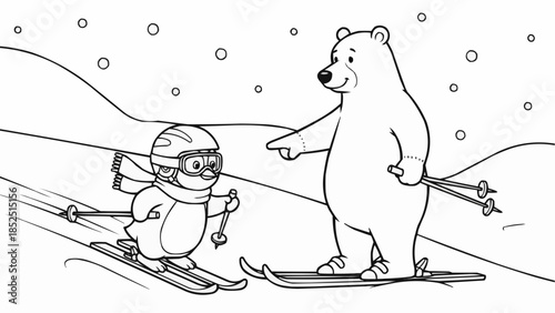 Coloring book for kids - A bear instructor teaches a penguin how to ski