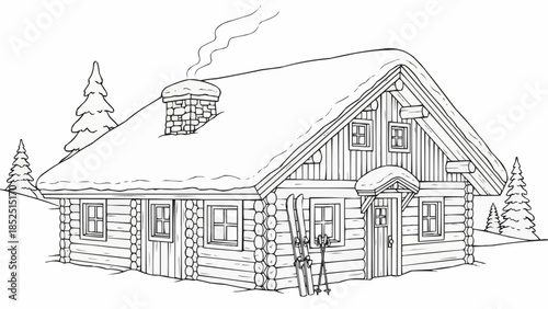 Coloring book for kids - Ski cabin with chimney and snow-covered roof surrounded by trees  