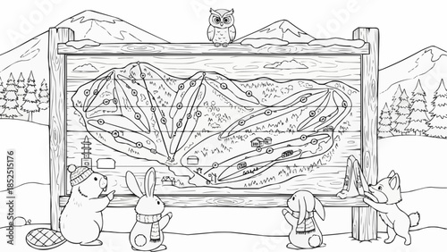 Coloring book for kids - Cartoon animals observing mountain map in winter landscape  