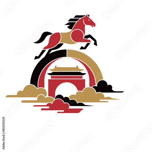 Artistic Horse Jumping Over Traditional Chinese Gate with Auspicious Clouds for 2026 Lunar New Year Success and Achievement Graphic