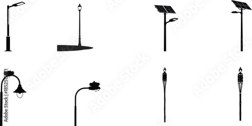Variety of street lights and lamp posts in different designs