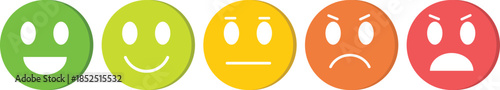 Five colorful emoji faces showing a spectrum of emotions from joy to anger, ideal for feedback scales and mood tracking.