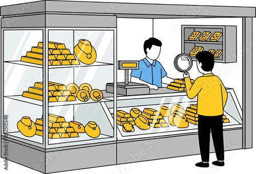 Man buying gold from jeweller with magnifying glass.