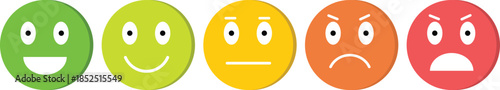 A visual spectrum of human emotions depicted by five colorful emoticons ranging from very happy green to very angry red faces.