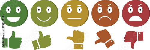 A visual representation of customer feedback or emotional scale using emoticons and hand gestures from positive to negative, transitioning from green to red.