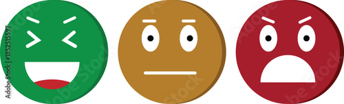 Three emoji-style faces depicting different emotions: happy, neutral, and angry, in green, brown, and red circles.