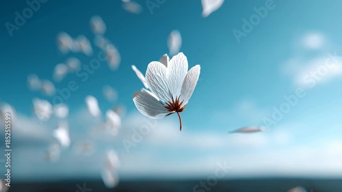 Serene Beauty of Soft Focus White Petals Falling Against Light Blue Sky, Evoking Tranquility and Peace in Natures Embrace