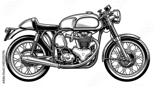 Black and white illustration of a classic motorcycle with a sleek design and chrome accents on a plain white background.