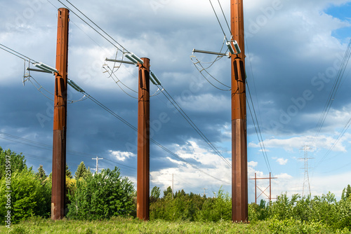 Power poles on power corridor in urban area