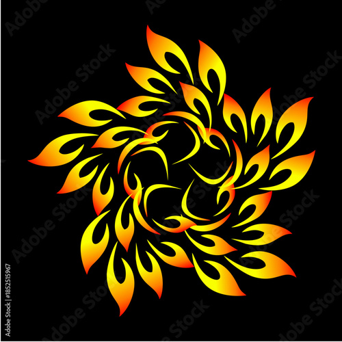 A blazing spiral of living fire, swirling petals of heat and light dance in harmony, evoking energy, creation, passion, and eternal motion.