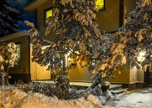 Entrence to a house in winter season with snow lighted with house lights