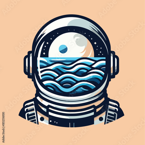 Astronaut Helmet Reflecting Ocean Waves and Lunar Landscape.
