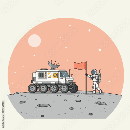 Astronaut plants flag near rover on alien planet surface exploration.