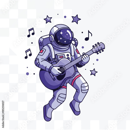 Astronaut Playing Guitar in Space with Musical Notes and Stars.