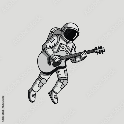 Astronaut playing guitar in space floating with musical instrument.