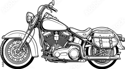 Detailed line drawing of a classic motorcycle with saddlebags on a white background in a side view.