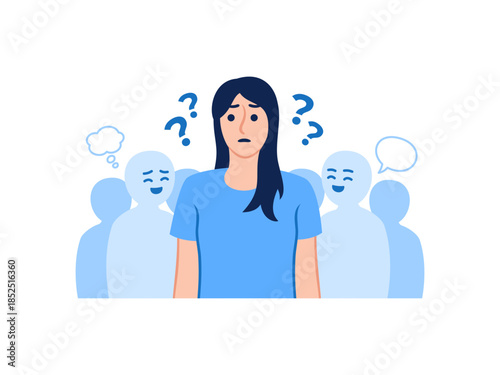 Nervous woman low self-esteem social anxiety in public crowd fear of judgment humiliated embarrassed