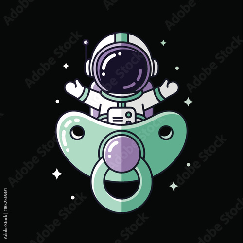 Cute cartoon astronaut character sitting on a giant baby pacifier.