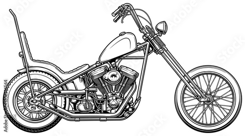 Detailed line drawing of a chopper motorcycle with a long front fork and exposed engine on a white background.