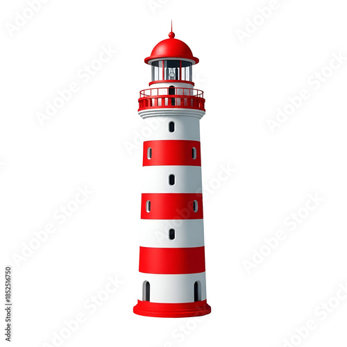 Red and white striped lighthouse with red dome isolated on a transparent background tower