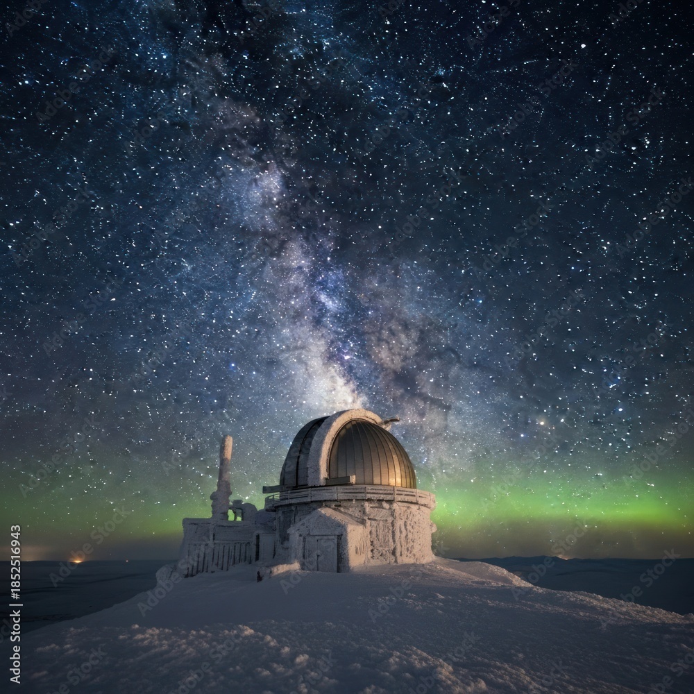 Obraz premium Observatory Under the Milky Way and Aurora Borealis.