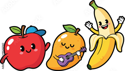 Cute cartoon fruits characters illustration, happy apple mango banana dancing, playful healthy food mascot, colorful kids nutrition vector design