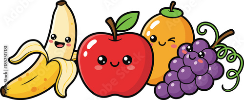 Cute cartoon fruit characters set illustration, happy banana apple orange grapes, colorful kawaii healthy food mascot for kids design