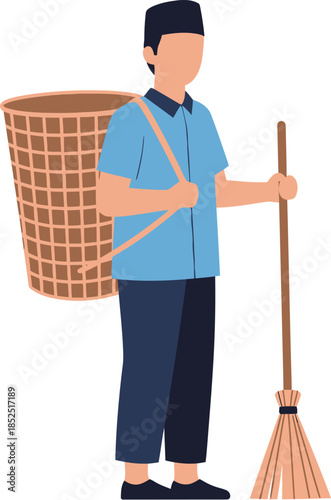 Man Holding Broom and Basket.
