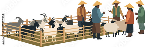 Miniature Farmers Inspecting Goats in Pen.