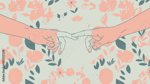 Two hands with fingers touching gently against a floral background, symbolizing connection and tenderness.