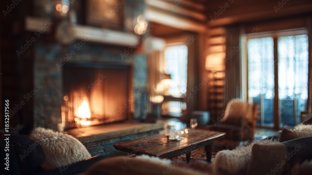 Fototapeta premium Ski lodge interior with fireplace warmth, cozy retreat. Blurred background