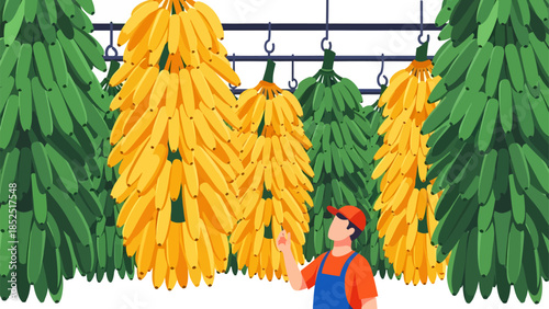 Man Inspecting Hanging Chili Peppers.