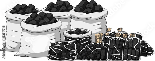 Coal in Bags and Containers Illustration.