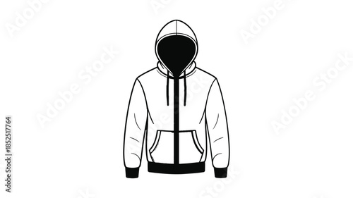 Black and white vector outline of a casual long sleeve hoodie sweatshirt, isolated on a white background, perfect for clothing design mockups and fashion templates.