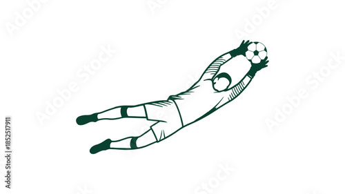 Dynamic vector drawing of a soccer goalkeeper jumping high to catch the ball with gloves, showcasing athletic defense and protection of the goal in a sports game.