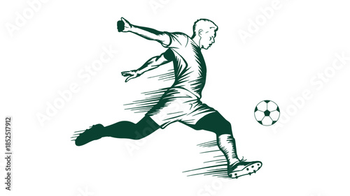 Powerful vector illustration of a soccer player striking the ball with great force and speed, motion lines indicating a strong shot on goal during a football game.