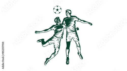 Action-packed vector sketch of two soccer players jumping in the air for a header duel, competing for the high ball with athletic energy and determination.