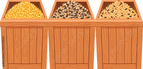 Three Wooden Containers Filled with Pasta.