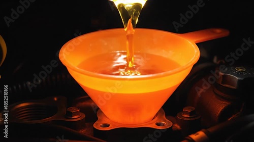 The warm, amber engine oil is pouring into an orange funnel, captured in a dramatic close-up shot within the dark confines of the car's engine bay.