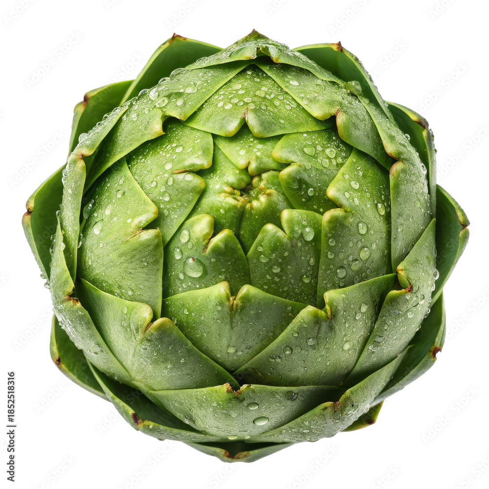 Fototapeta premium Fresh Green Artichoke with Water Droplets Isolated on white background
